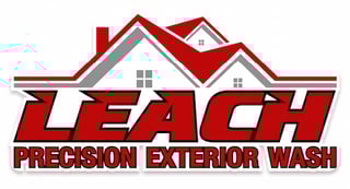 Leach Precision Exterior Wash logo featuring a red and white house roof with cleaning spray elements